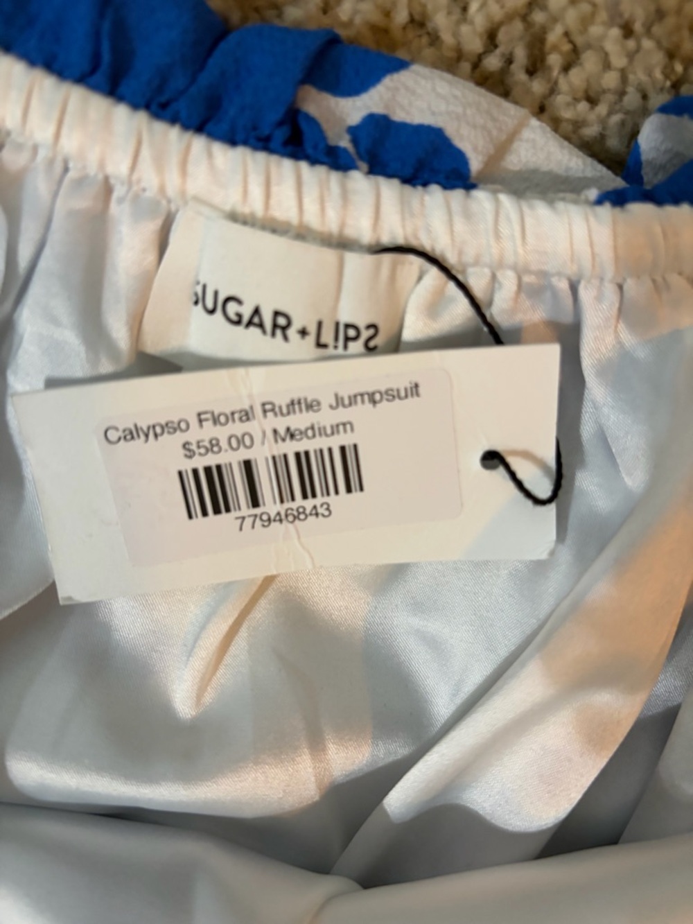 Sugarlips White & Blue Floral Off-Shoulder Wide-Leg Jumpsuit - Picture 3 of 3